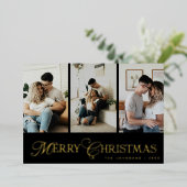 Modern Script 3 Photo Collage Merry Christmas 箔シーズンカード (立ち正面)