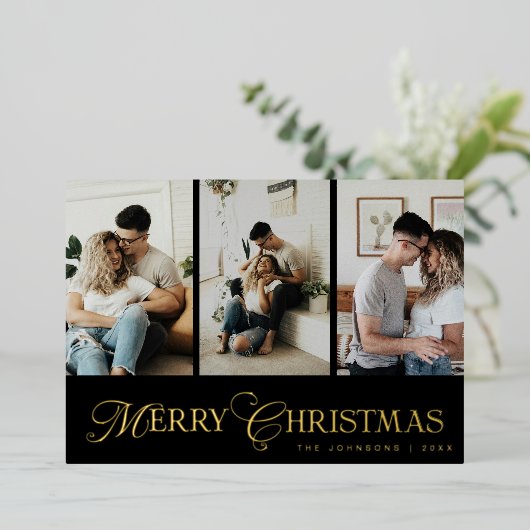 Modern Script 3 Photo Collage Merry Christmas 箔シーズンカード (立ち正面)
