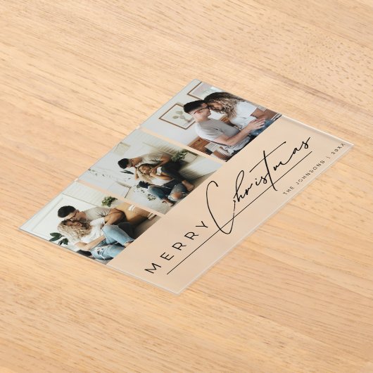 Modern Script 3 Photo Collage Merry Christmas Card アクリル招待状 (レイダウン)