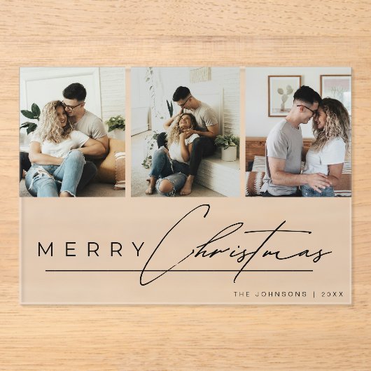 Modern Script 3 Photo Collage Merry Christmas Card アクリル招待状 (正面)