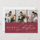 Modern Script 3 Photo Collage Red Merry Christmas シーズンカード (正面)