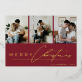 Modern Script 3 Photo Collage Red Merry Christmas 箔シーズンカード (正面)