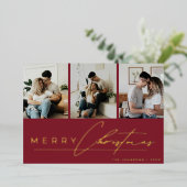 Modern Script 3 Photo Collage Red Merry Christmas 箔シーズンカード (立ち正面)