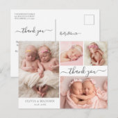Modern Script 4 Photo Girl Twins Baby Thank You ポストカード (正面/裏面)