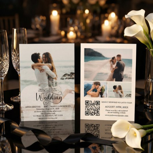 Modern Script 4 Photo QR Code RSVP Wedding  招待状