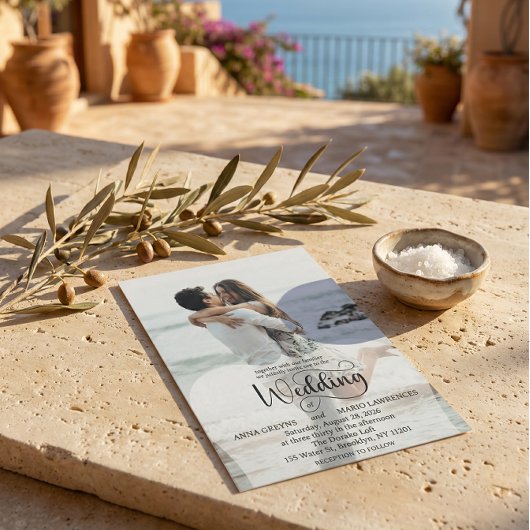 Modern Script 4 Photo QR Code RSVP Wedding  招待状