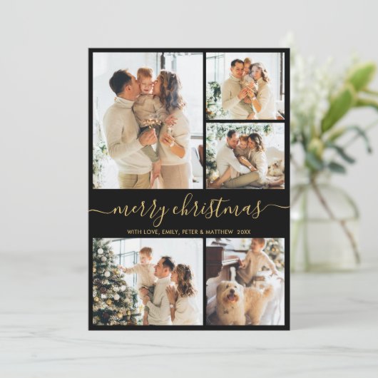 Modern Script 5 Photo Collage Black Gold Christmas シーズンカード (スタンド正面)