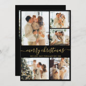 Modern Script 5 Photo Collage Black Gold Christmas シーズンカード (正面/裏面)
