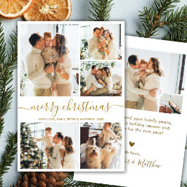 Modern Script 5 Photo Collage Gold White Christmas シーズンカード