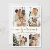 Modern Script 5 Photo Collage Gold White Christmas シーズンカード (正面)