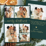 Modern Script 5 Photo Collage Green Christmas シーズンカード<br><div class="desc">Modern Elegant Simple Calligraphy Green and Gold Script 5 Photo Collage Merry Christmas Holiday Card. This festive, minimalist, five (5) photo holiday greeting card template features a pretty grid photo collage and says „Merry Christmas”! The „Merry Christmas” greeting text is written in a beautiful whimsical swirly hand lettered swash-tail font...</div>
