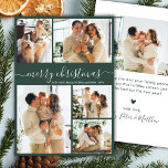 Modern Script 5 Photo Collage Green Christmas シーズンカード<br><div class="desc">Modern Elegant Simple Calligraphy Green and White Script 5 Photo Collage Merry Christmas Holiday Card. This festive, minimalist, five (5) photo holiday greeting card template features a pretty grid photo collage and says „Merry Christmas”! The „Merry Christmas” greeting text is written in a beautiful whimsical swirly hand lettered swash-tail font...</div>
