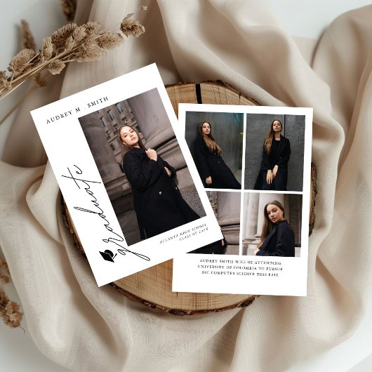 Modern Script 5 Photos Graduation Announcement 招待状