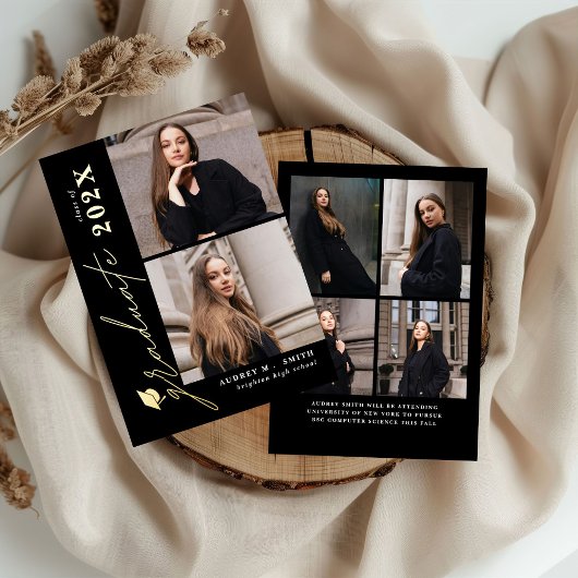 Modern Script 6 Photos Graduation Announcement 箔招待状