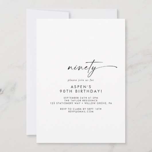 Modern Script 90th Birthday Party Invitation 招待状 (正面)