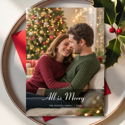 Modern Script All Is Bright Couple Christmas Card シーズンカード
