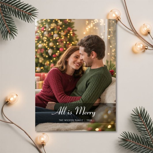 Modern Script All Is Bright Couple Christmas Card シーズンカード
