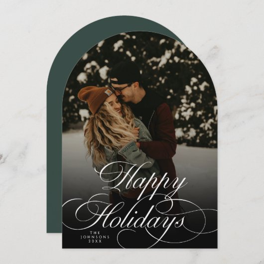 Modern Script & Arch 1 Photo Green Christmas Card 招待状 (正面/裏面)
