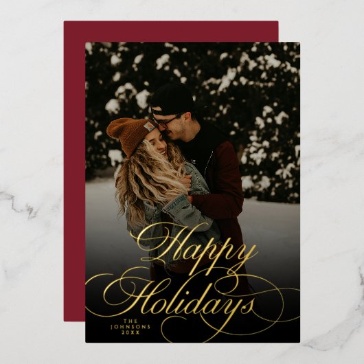 Modern Script & Arch 1 Photo Red Christmas Card 箔シーズンカード (正面/裏面)