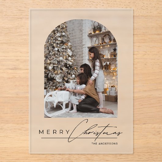 Modern Script Arch Family Photo Christmas Card アクリル招待状 (正面)