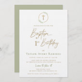 Modern Script Baptism and 1st Birthday Green Gold  招待状 (正面/裏面)