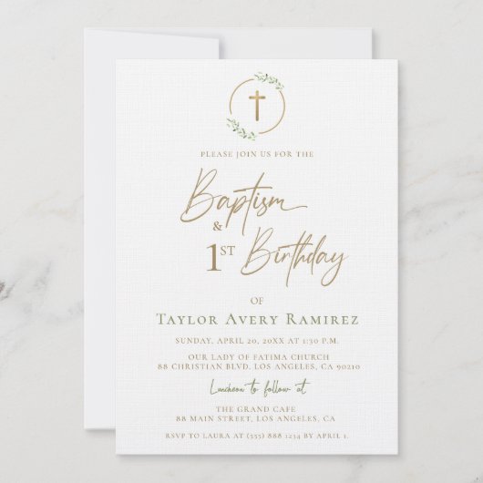 Modern Script Baptism and 1st Birthday Green Gold  招待状 (正面)