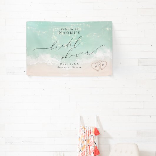 Modern Script beach hearts bridal shower welcome 横断幕 (インサイチュ)