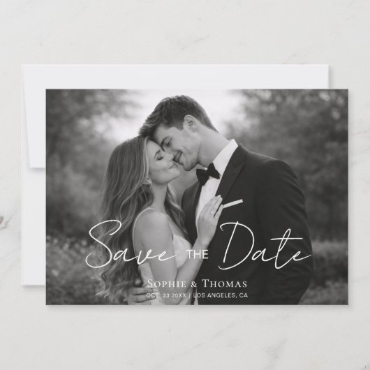 Modern Script  Black and White Photo Save the Date (正面)