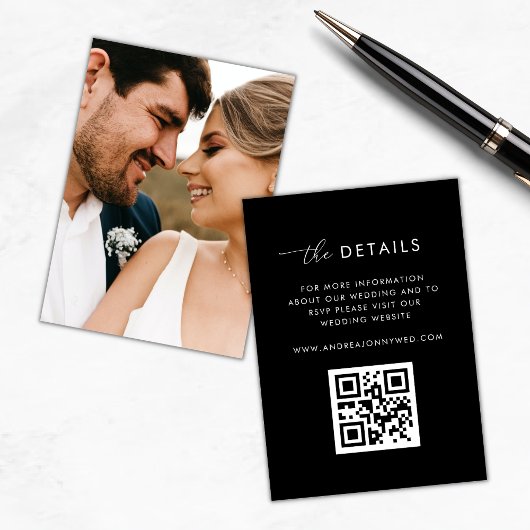 Modern Script Black Qr Code Photo Wedding Details エンクロージャーカード