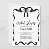 Modern Script Black Ribbon Bow Bridal Shower 招待状 (正面)