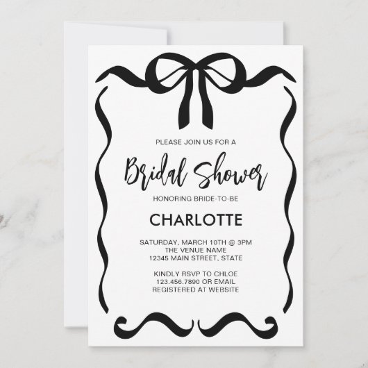 Modern Script Black Ribbon Bow Bridal Shower 招待状 (正面)