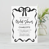 Modern Script Black Ribbon Bow Bridal Shower 招待状 (スタンド正面)