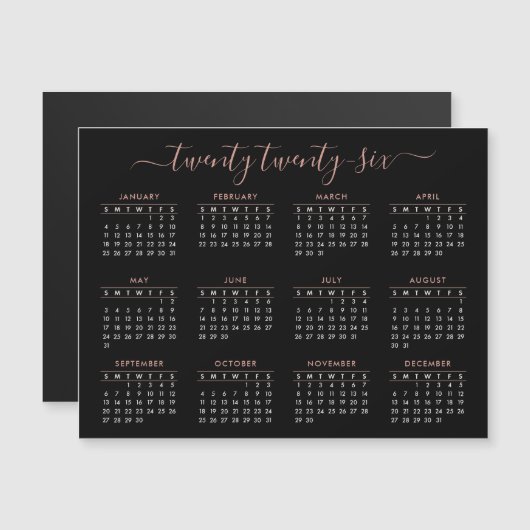 Modern Script Black Rose Gold 2024 Calendar Magnet (正面/裏面)