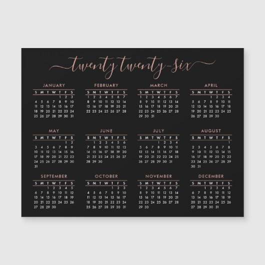 Modern Script Black Rose Gold 2024 Calendar Magnet (正面)