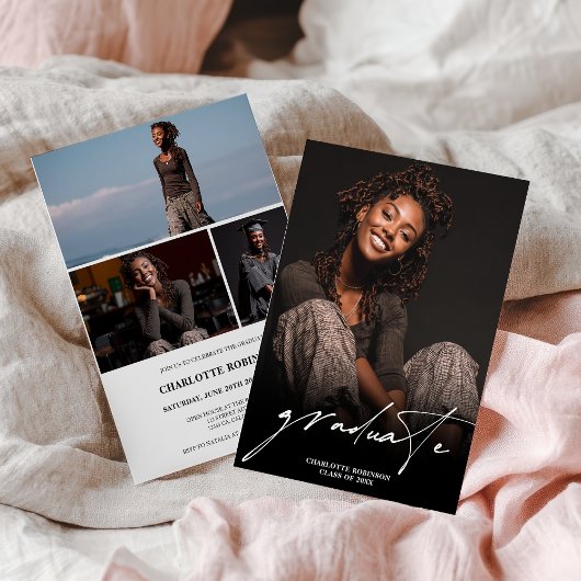 Modern Script Black White 4 Photo Graduation 招待状