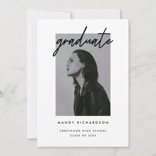 Modern Script Black & White Photo Graduation 案内状 (正面)
