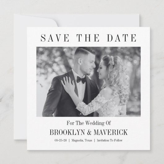 Modern Script Black White Wedding Photo セーブザデート (正面)