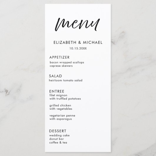 Modern Script Black & White Wedding Reception Menu メニュー (正面)