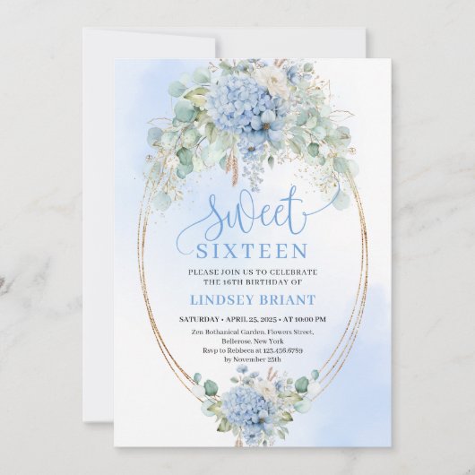 Modern Script Blue Hydrangeas Sweet Sixteen Invite 招待状 (正面)