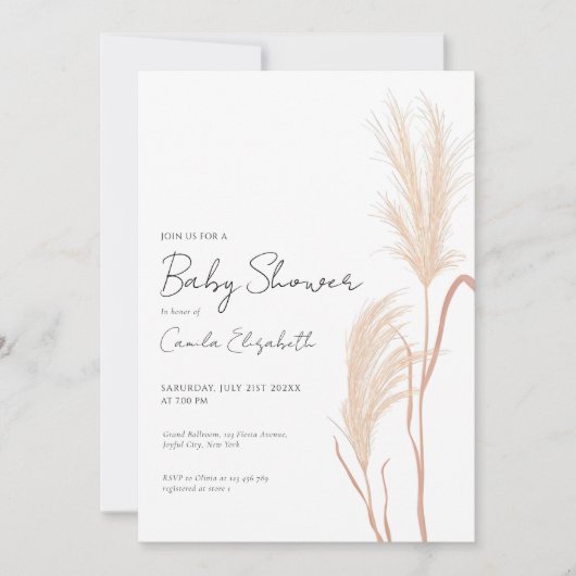Modern Script Boho Pampas Grass Baby Shower 招待状 (正面)