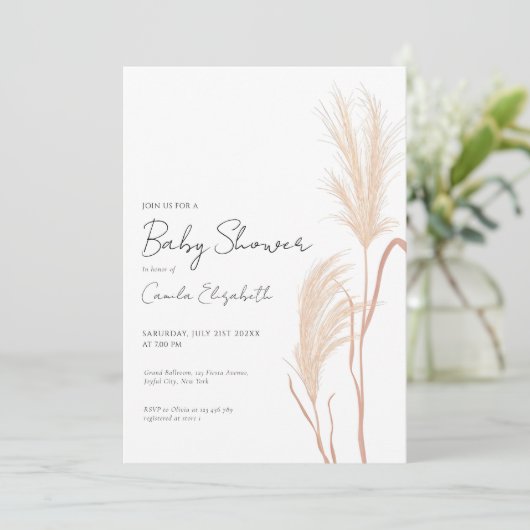 Modern Script Boho Pampas Grass Baby Shower 招待状 (スタンド正面)