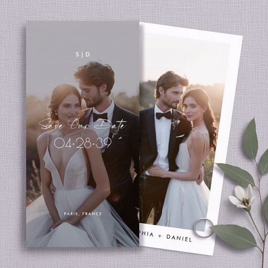Modern Script Bookmark 2 Photo Budget Wedding セーブザデート