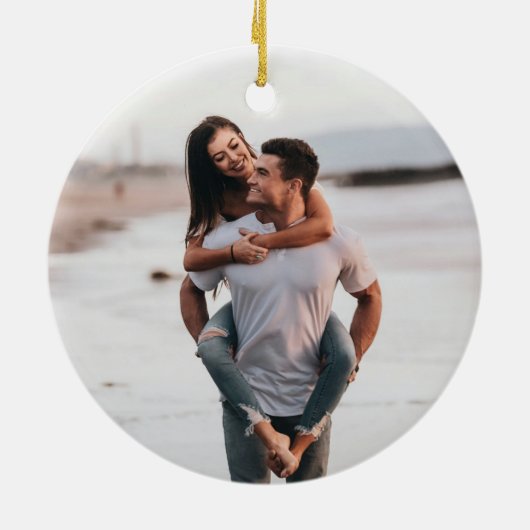 Modern Script Bow First Christmas Engaged Photo セラミックオーナメント (裏面)