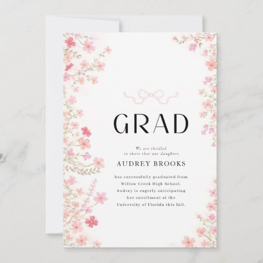 Modern Script Bow Floral Photo Collage Graduation 案内状 (正面)