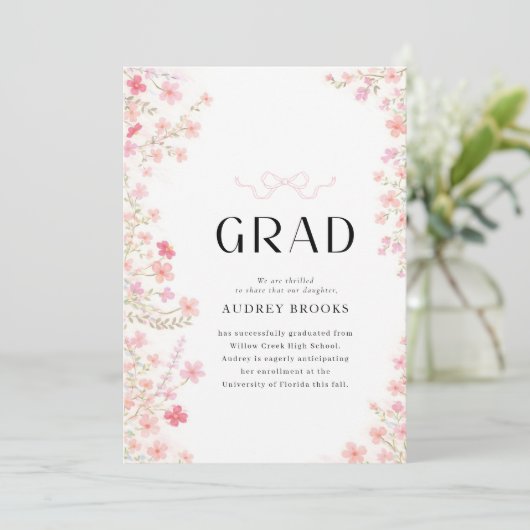 Modern Script Bow Floral Photo Collage Graduation 案内状 (スタンド正面)