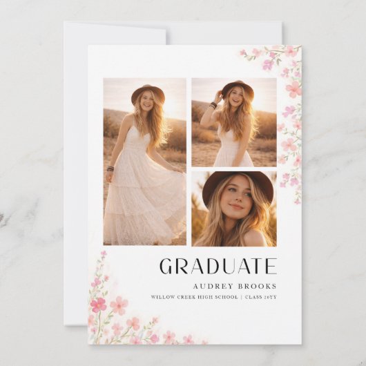 Modern Script Bow Floral Photo Collage Graduation 案内状 (裏面)