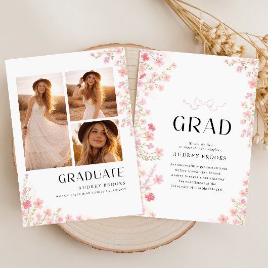 Modern Script Bow Floral Photo Collage Graduation 案内状