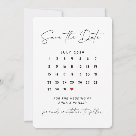 Modern Script Calendar Wedding Save the Date 招待状 (正面)