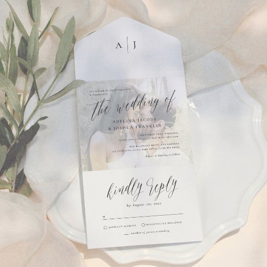 Modern Script Calligraphy Engagement Photo Wedding オールインワン招待状