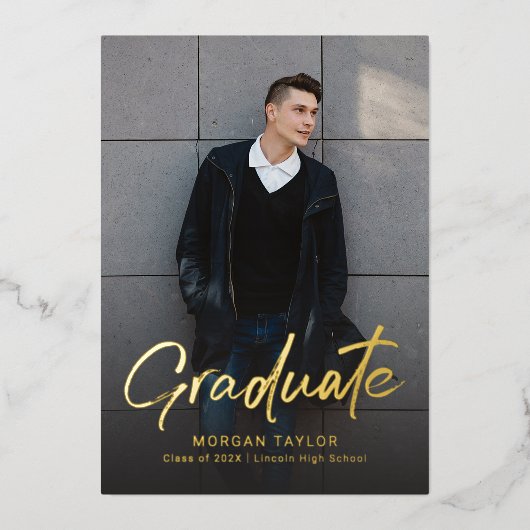 Modern Script Casual Photo Graduation  箔招待状 (正面)